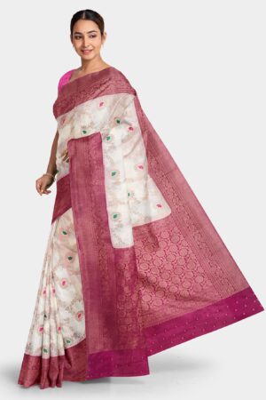 Cream Coloured Georgette (Khaddi) Saree