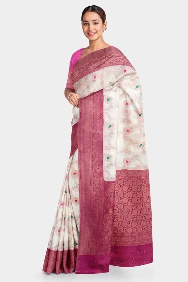 Cream Coloured Georgette (Khaddi) Saree - Image 2