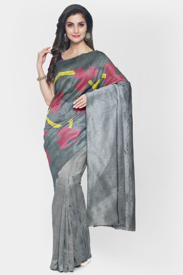 Steel Grey Matka Muslin Saree - Image 2
