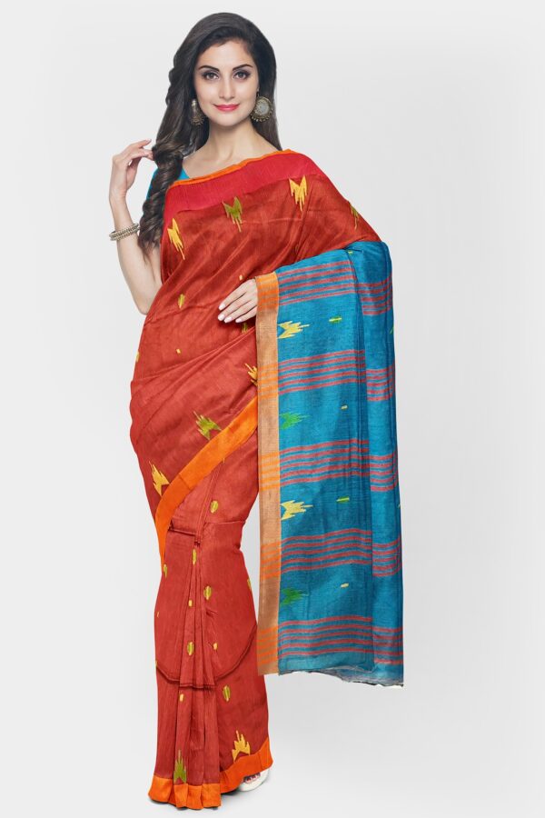 Red-Blue Cotton Handloom Saree - Image 2