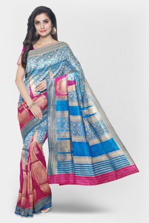 Blue - Pink Silk Saree