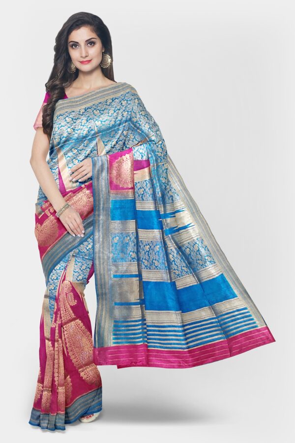 Blue - Pink Silk Saree