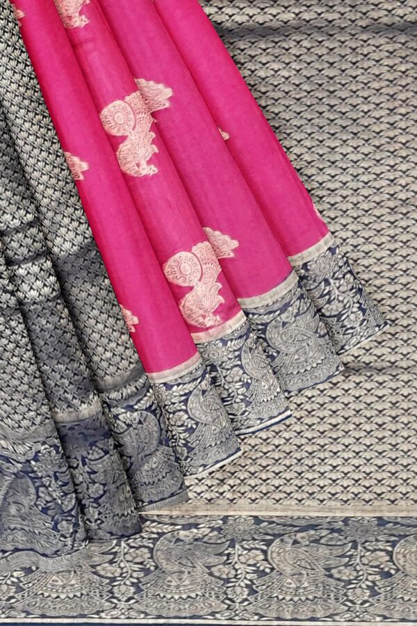 Pink - Blue Maheshwari Silk Saree - Image 4