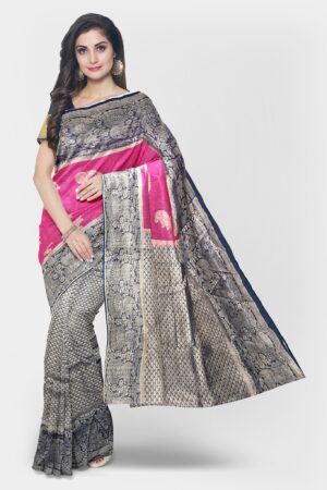 Pink - Blue Maheshwari Silk Saree
