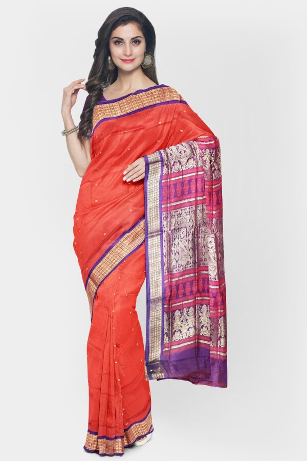 Orange & Violet Bomkai Silk Saree - Image 2