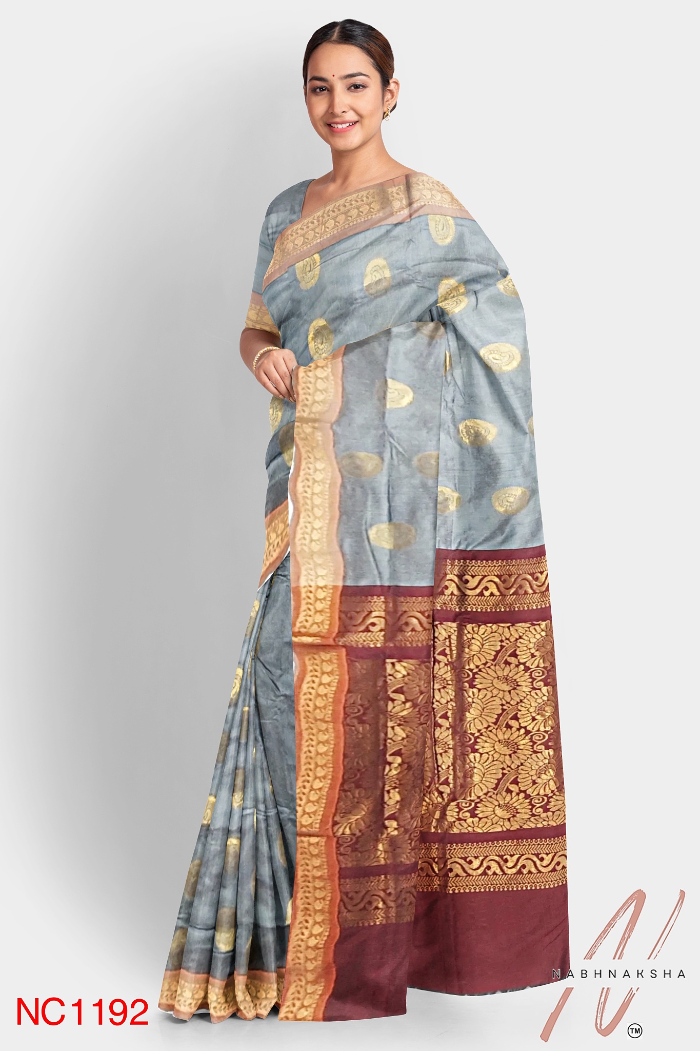Grey - Maroon Gadwal Silk Saree - Image 2