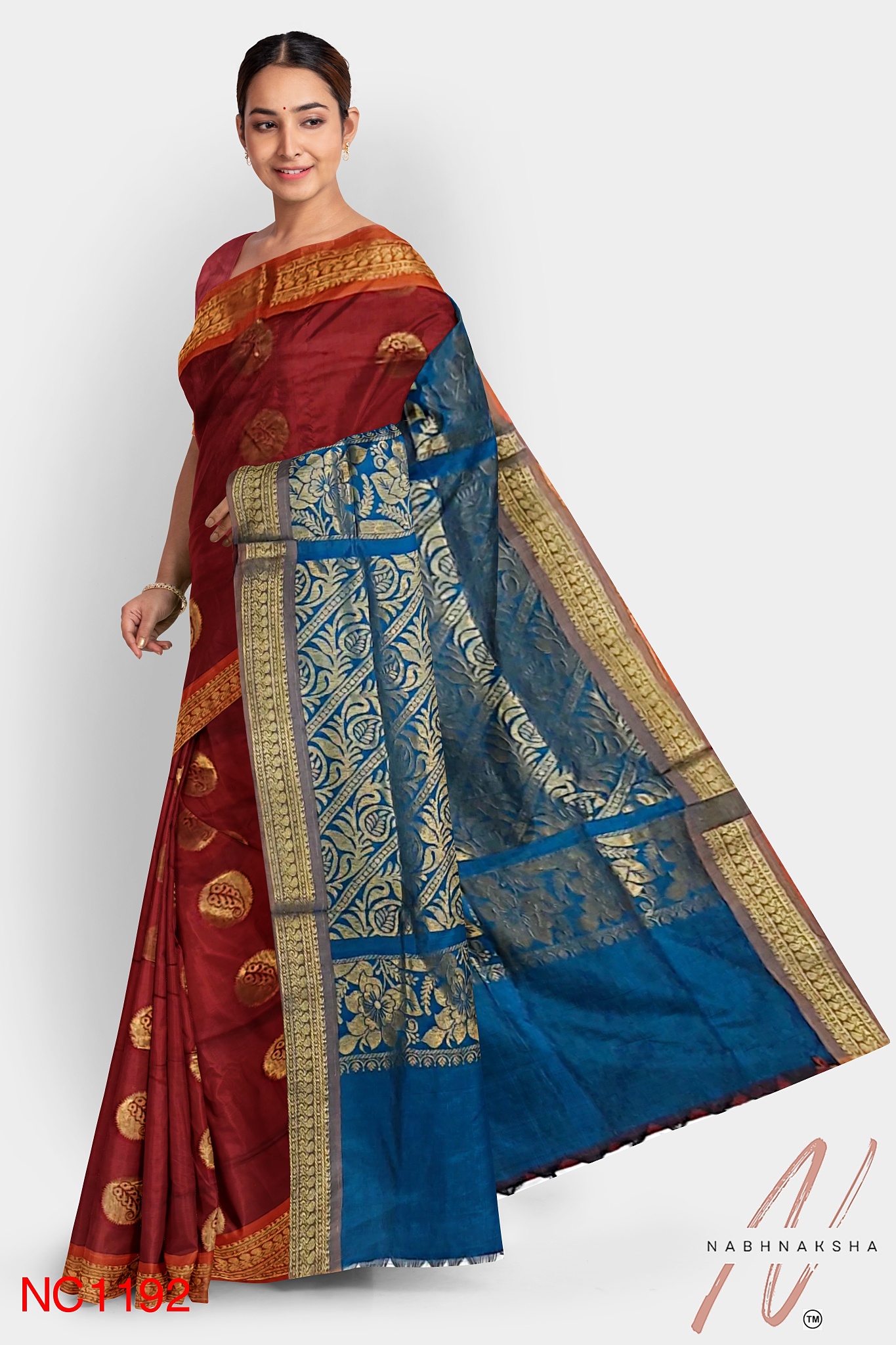 Maroon - Blue Gadwal Silk Saree