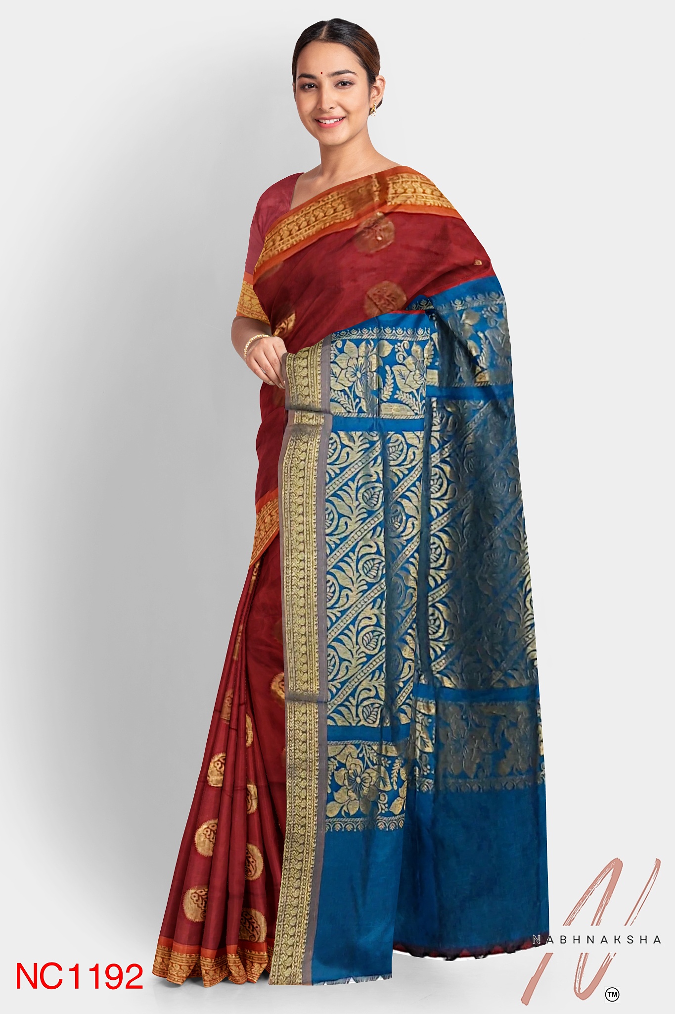 Maroon - Blue Gadwal Silk Saree - Image 2
