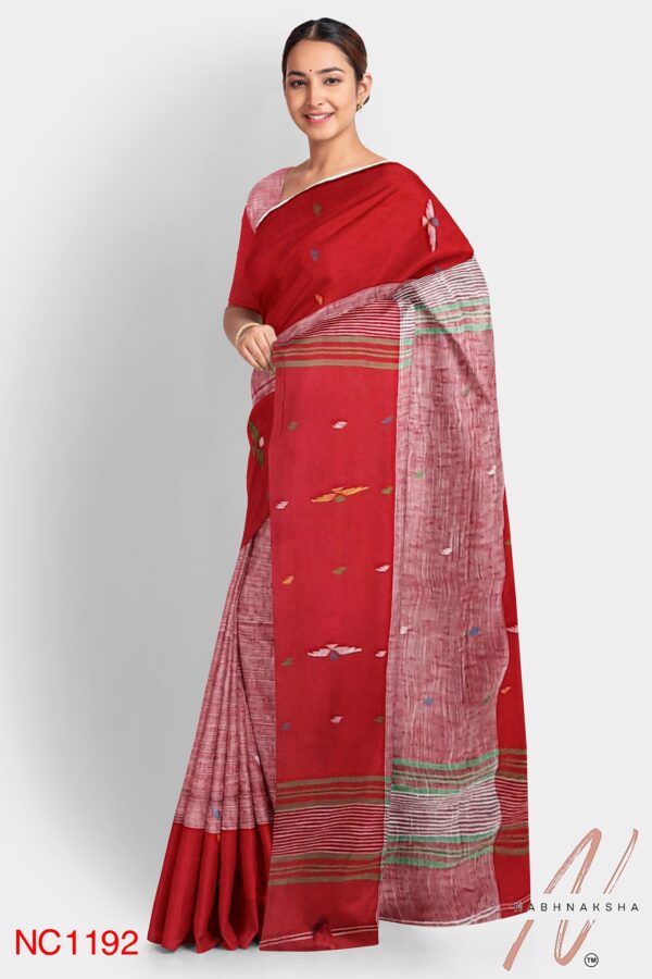 Red Khadi Cotton Saree - Image 2