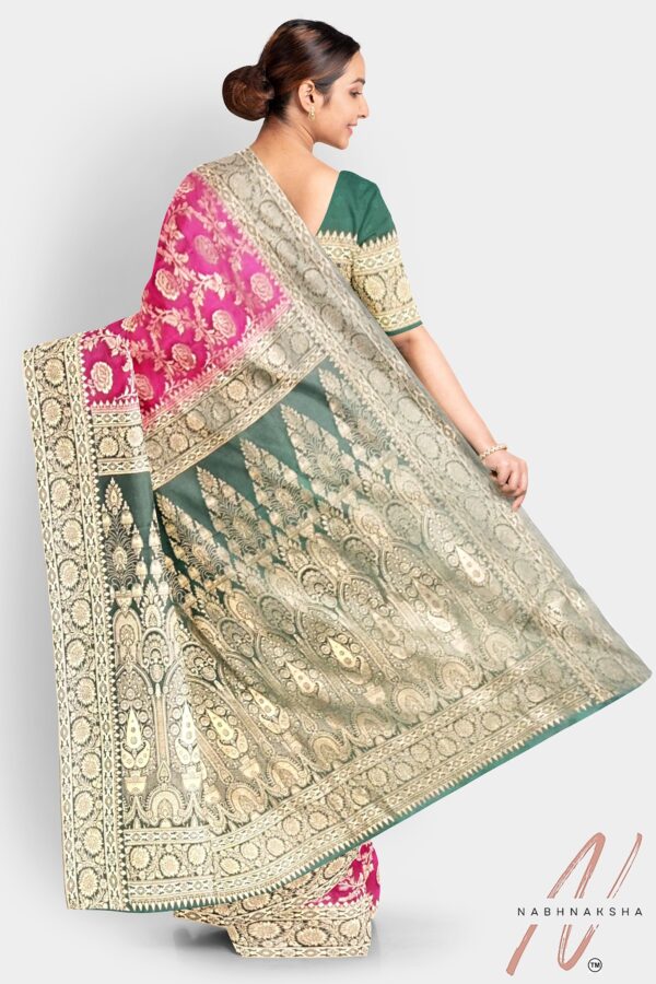 Pink - Green Gajji Silk Saree - Image 3