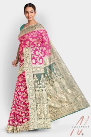 Pink - Green Gajji Silk Saree