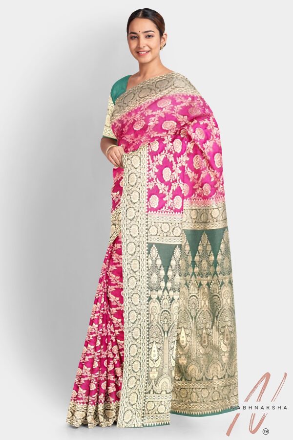 Pink - Green Gajji Silk Saree - Image 2