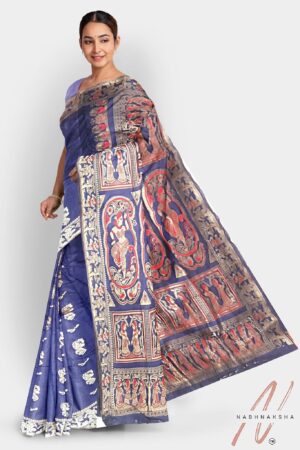 Blue - Silver Baluchori Silk Saree