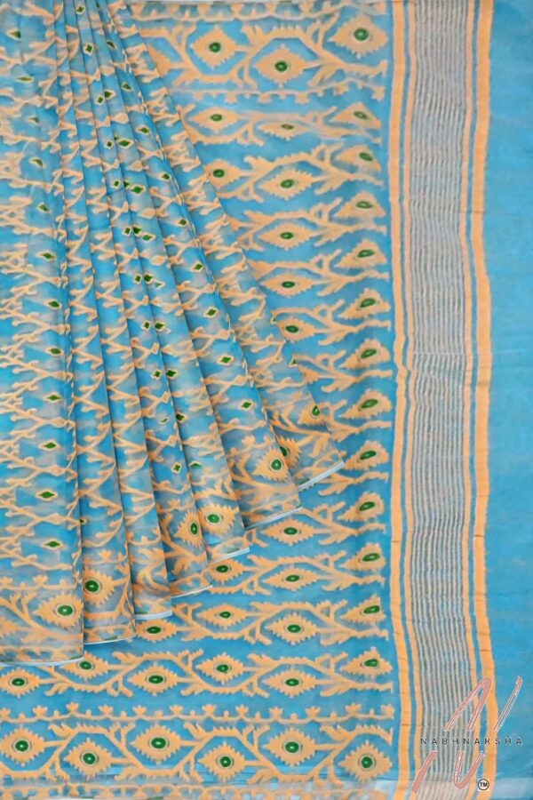 Cyan Blue & Gold Dhakai Saree - Image 4