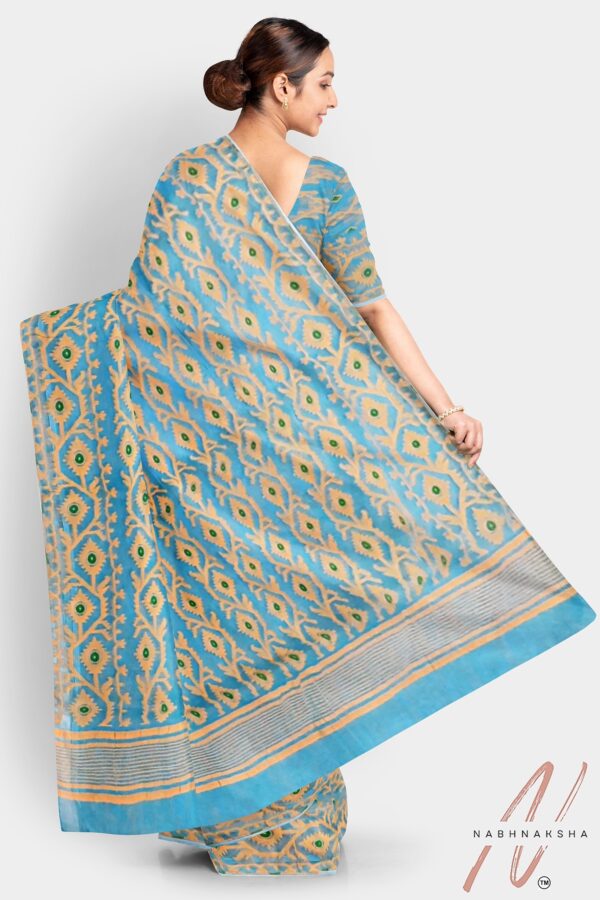 Cyan Blue & Gold Dhakai Saree - Image 3