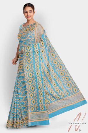 Cyan Blue & Gold Dhakai Saree