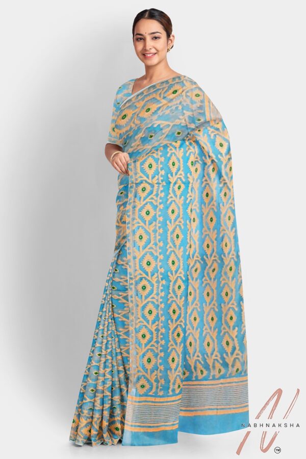 Cyan Blue & Gold Dhakai Saree - Image 2