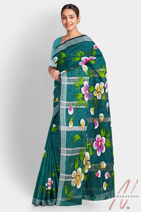 Green Khadi Cotton Saree - Image 2