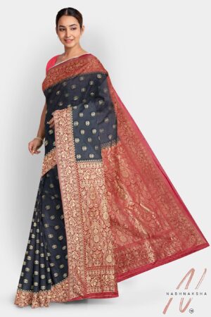 Grey - Red Gajji Silk Saree