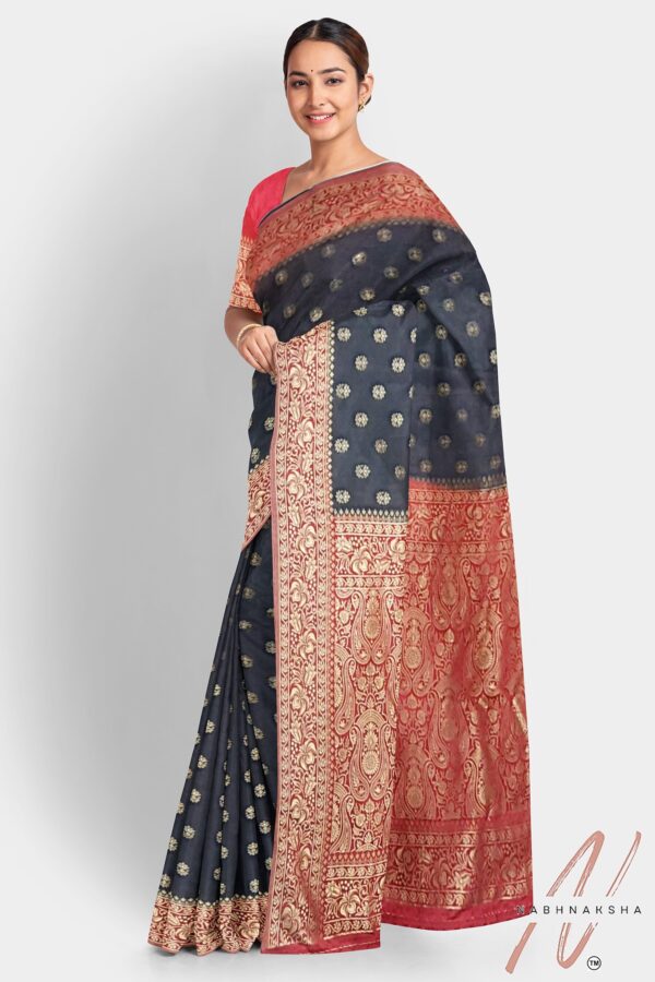Grey - Red Gajji Silk Saree - Image 2